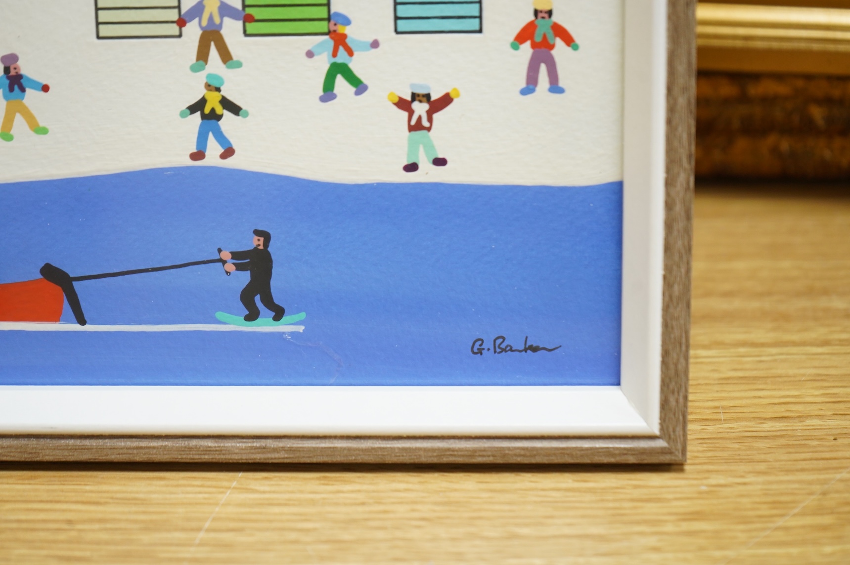 Gordon Barker (b.1960), 'At the Beach on a Snowy Day', signed, acrylic, 29 x 39cm